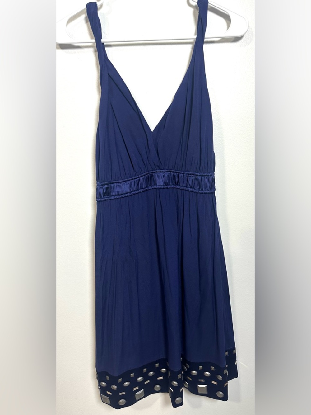 Hale Bob Navy Blue Silk V-Neck Twisted Strap Dress With Chunky Beaded Hem